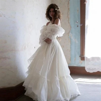 Lace Ruched A Line Wedding Dresses Strapless Three Quarter Sleeve Bride Gowns - Image 1 of 4
