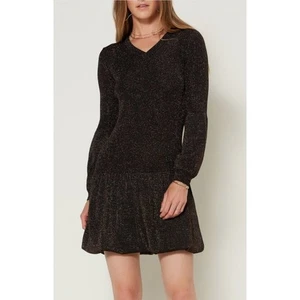 Current Air Black & Gold Shimmer Long Sleeve Bubble Waist Dress Women's Large  - Picture 1 of 10