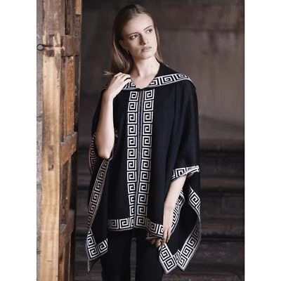Sol 100% Baby Alpaca Hooded Poncho Shawl Black White Peru Geometric Wrap OS - Image 1 of 4