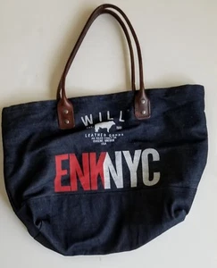 WILL LEATHER GOODS LOGO DENIM Tote Bag w/LEATHER Handles Lg RED WHITE BLUE NEW! - Picture 1 of 6