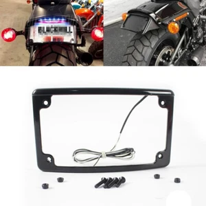 Black 12° Curved License Plate Frame w/LED White Light For Harley Chopper Honda - Picture 1 of 11