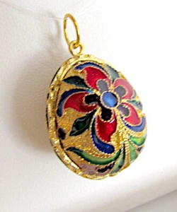 SOLID STERLING SILVER 925 & 24K GOLD HANDMADE ENAMELED EGG PENDANT with FLOWERS - Picture 1 of 6