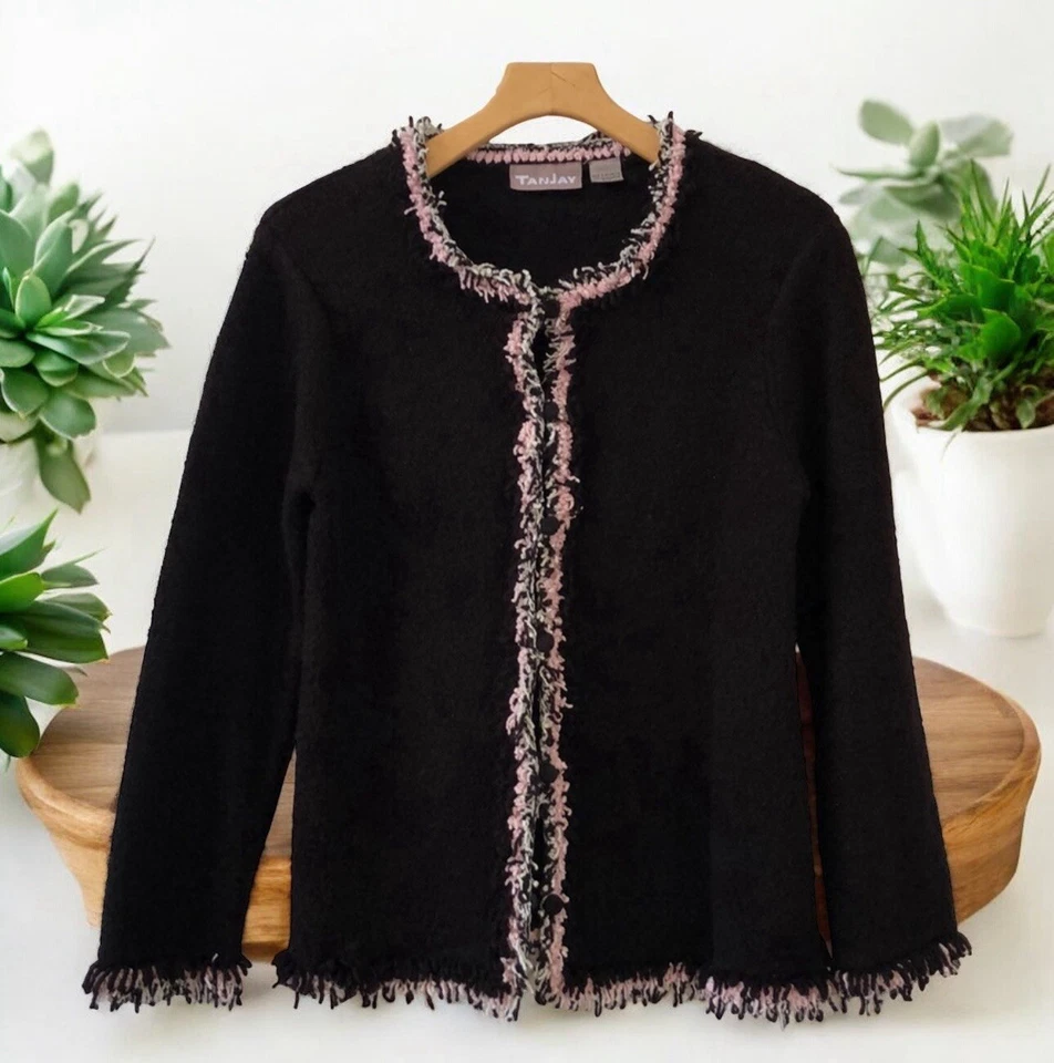TanJay Black w/ Pink  fringe knit cardigan sweater blazer Women’s Size S Small - Image 1 of 4