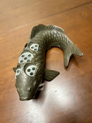 Vintage Koi Fish Flower Frog Ikebana Holes Cast Metal Marked Pat 109902 Japan - Image 1 of 4
