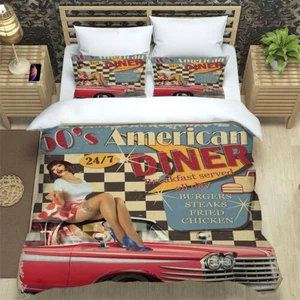 Nostalgia 50's American Vintage Car Quilt Duvet Cover Set California King Twin