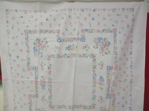 Vintage cotton Tablecloth white with pink blue yellow green Flowers - Picture 1 of 8