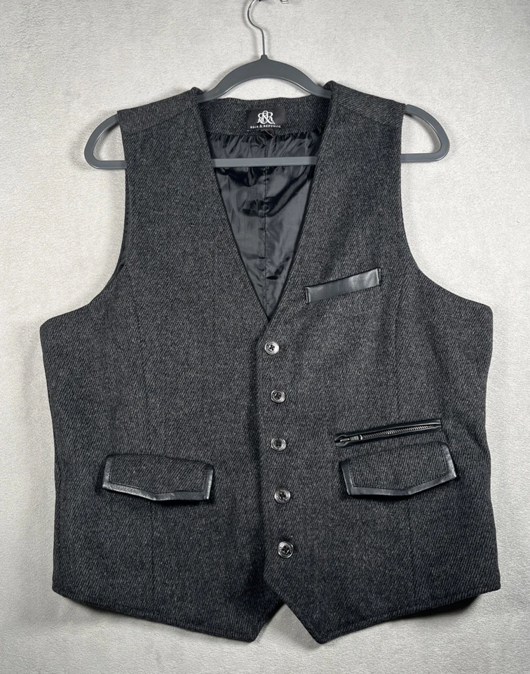 Rock & Republic Wool Suit Vest Men L - Black / Charoal Herringbone 5 Button NWOT - Image 1 of 4