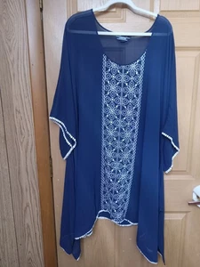 Lands End Womens Sz 2xl Navy Embroidered Swim Cover Up Dress Sheer - Picture 1 of 10
