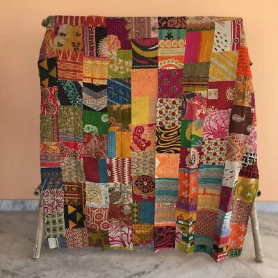 Reversible Vintage Patchwork Kantha Quilt Multicolor Single Blanket Bed Runner - Image 1 of 3