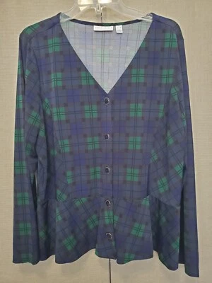 Top Susan Graver LiquidKnit estampado verde/azul a cuadros abotonados peplum talla XL Foto 1 de 4