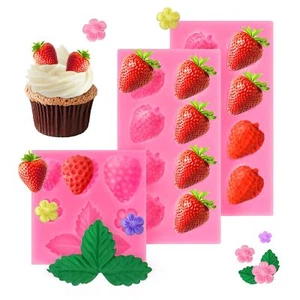 3 Pcs 3D Strawberry Silicone Mold DIY Fruit Fondant Chocolate Mold for Cupcake - Picture 1 of 8