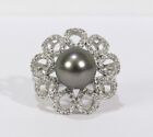 PEARL RING Genuine Freshwater Gray Pearl Lacy Flower Ring size 7 with cz accents