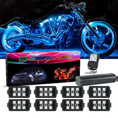 8 Pods MultiColor RGB Motorcycle Underglow Neon LED Accent Light with Remote Fob - Image 1 of 4
