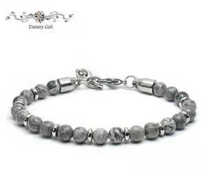 6mm Grey Map Jasper Stone Yoga Energy Gemstone Stainless Steel Bead Bracelet 8-9 - Picture 1 of 7