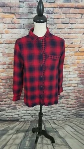 Camisa de algodón Madewell para mujer manga larga roja azul marino a cuadros con botones de franela talla XS - Imagen 1 de 5