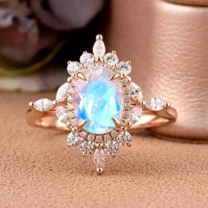 Oval Cut Natural Moonstone 14K Rose Gold Plated Silver Vintage Engagement Ring - Picture 1 of 6
