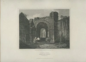 GRAVUR 1814 HEXHAM ABBEY GATE + TOPF VERKÄUFER + ESEL - Bild 1 von 1
