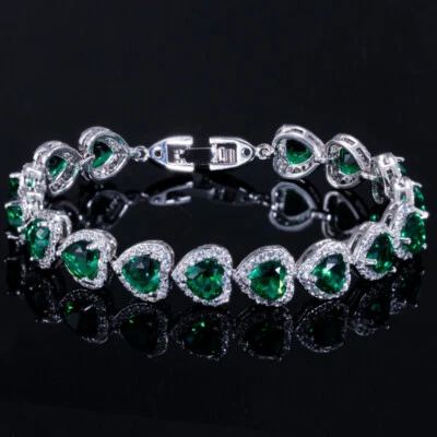 Brazalete para mujer enchapado en oro blanco circonita cúbica circonita cúbica verde romántico corazón amor Foto 1 de 4