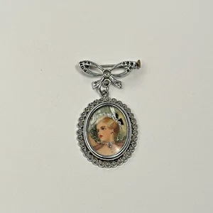 1920's Antique Miniature Hand Painted Portrait Trombone Clasp Pin Brooch - Picture 1 of 24