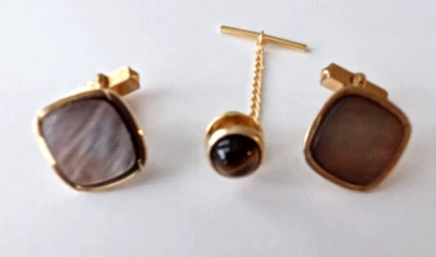 GEMELOS DE ZAFIRO NEGRO VINTAGE Y TACHUELA A JUEGO (3 PIEZAS) - SWANK Foto 1 de 4