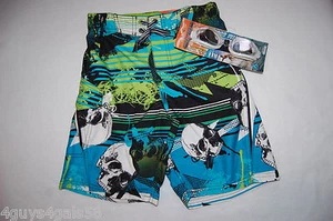 Boys SWIM TRUNKS & GOGGLES Blue Green Black SKULLS Tropical LEG POCKET Size 7 - Picture 1 of 3