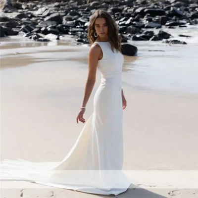 Simple Mermaid Wedding Dresses Scoop Neck Sleeveless Backless Satin Bridal Gowns - Image 1 of 4