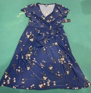 Ralph Lauren Chaps Dress Sz Petite Navy Floral Front Knot Jersey Midi 3/4 Sleeve - Picture 1 of 10