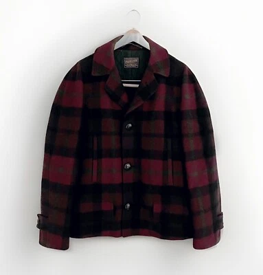 Vintage PENDLETON Wool Coat Sz L Burgundy Plum Plaid Quilted Lining Button Down - Image 1 of 4