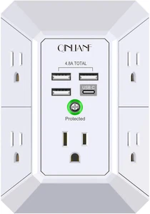 Cargador de Pared, Protector contra Sobretensiones, QINLIANF Extensor de 5 Tomas con 4 Po de Carga USB - Imagen 1 de 12