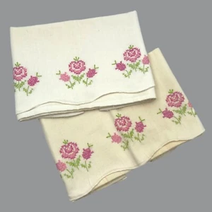 2 fundas de almohada de punto de cruz bordadas a mano de colección rosas rosas rosas flores borde vieira - Imagen 1 de 13