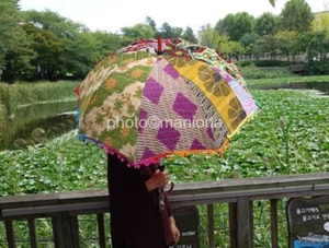 Hand Embroidered Parasol pom pom Art Vintage Sun Shade Umbrella Indian Antique - Picture 1 of 5