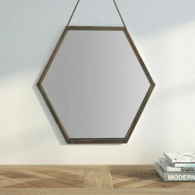Modern Geometric Shape Rustic Wooden Hexagonal Framed Hanging Wall Mirror 38x44 - Image 1 of 4
