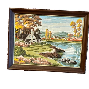 Landschaft Vintage Malen nach Zahlen Landhaus Fluss Berge Fall Felsen - Bild 1 von 9