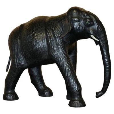 SUPER RARE GREEN EYED LIBERTY'S LONDON OMERSA LEATHER ELEPHANT FOOTSTOOL STOOL - Image 1 of 4