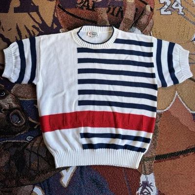 复古 80 年代 Cristin Stevens 帆船色块学院风短袖毛衣 True — 第 1/4 张图片