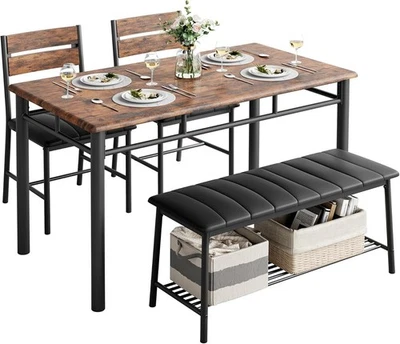 Set for 4 Dining Table Upholstered Bench and 2 Chairs Small Space Kitchen Table - Image 1 of 4