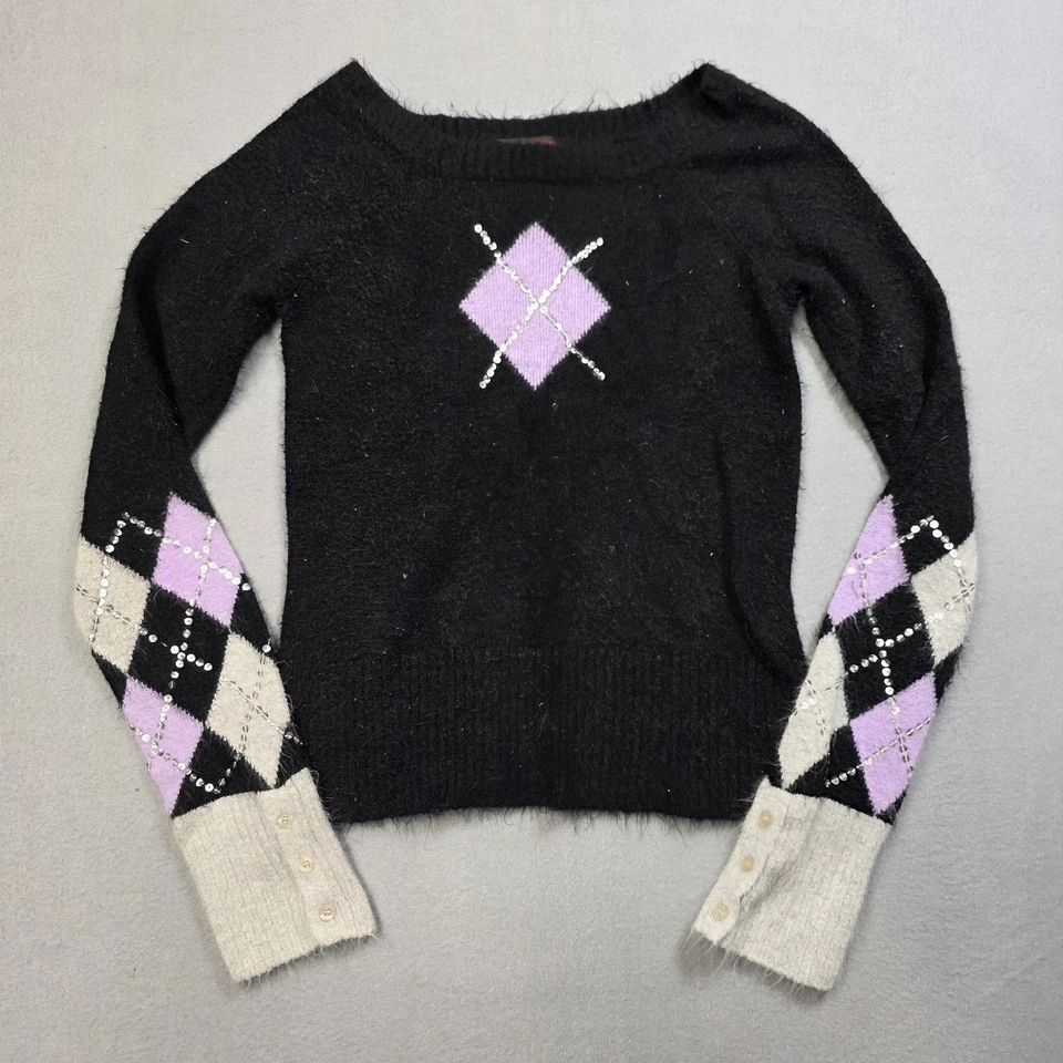 Takeout Sweater Womens Medium Black Purple Argyle Long Sleeve Rhinestone - Image 1 of 4