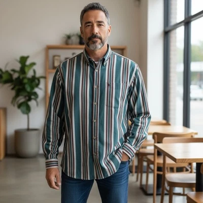 Camisa De Colección Mocasines Reed & James Rayas Abotonada Azul Verde Rojo Manga Larga XL Foto 1 de 4