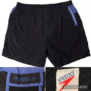 Vtg 80's Speedo Men's Black Blue Swim Trunks SPELLOUT Logo SURF Board Shorts XL - Picture 1 of 22