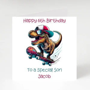 Personalised Dinosaur Riding A Skateboard Girls Boys Kids Birthday Card - Picture 1 of 5