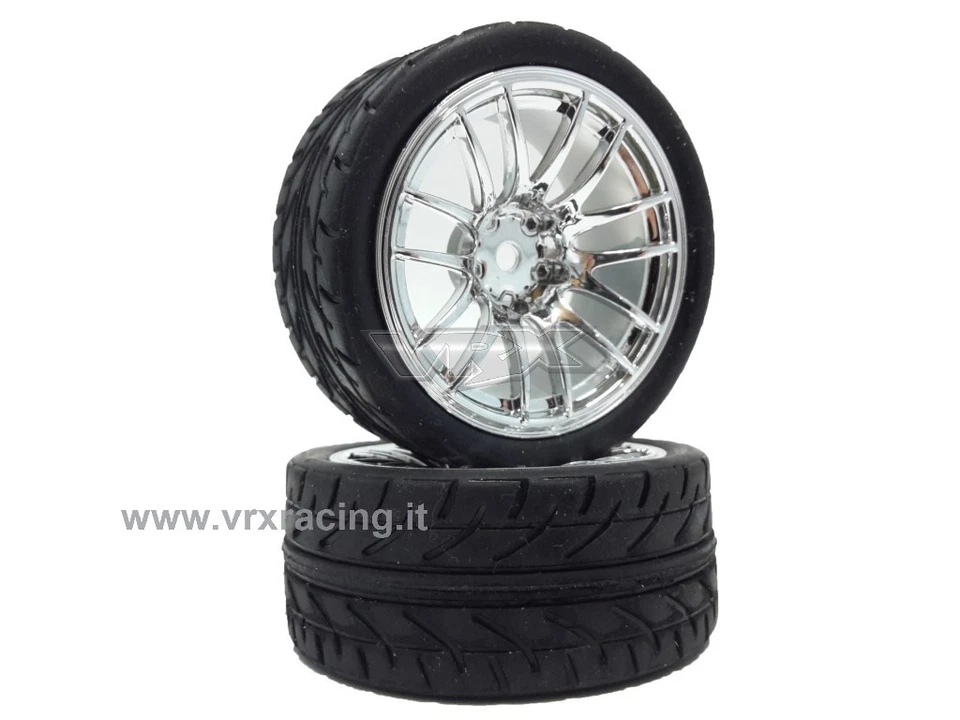  010F005B Coppia ruote complete 1/10 stradale cerchio cromato argento VRX - Immagine 1 di 1