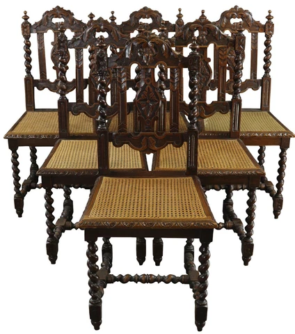 ANTIQUE DINING CHAIRS SET 6 FRENCH HUNTING RENAISSANCE CARVED OAK WOOD CANE Cover