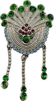 Vintage Deco Pot Metal Rhinestone Brooch Purple Blue Green Dangles Jewelry - Image 1 of 4