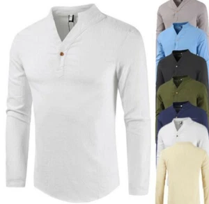 Mens Casual Long Sleeve Shirts Cotton Tops Slim Fit Button T-shirt Basic Leisure - Picture 1 of 18