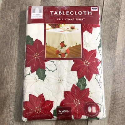 Christmas Spirit Tablecloth 60”x84” Oblong Holiday Poinsettia NIP - Image 1 of 4