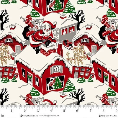 HENRY GLASS FABRIC SANTA'S COMING TO TOWN RETRO VINTAGE CHRISTMAS ROOFTOP SANTA COTTON FABRIC HY