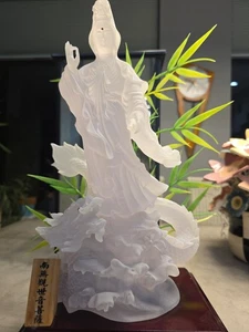 Statue Kwan Yin Guanyin Guan Yin Bouddha Liuli verre cristal dépoli bouddhisme 11" - Photo 1/24