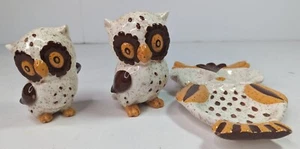 Vintage Owl Salt And Pepper Shakers w/ Matching Spoon Rest 1970's 70s MCM - Picture 1 of 8