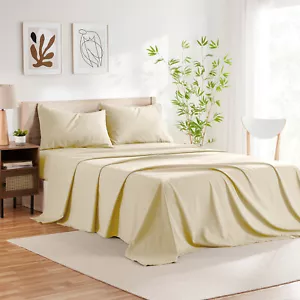 4 Pc Bamboo Deep Pocket Fitted Sheet Set, Lightweight & Breathable Bed Sheet Set - Picture 1 of 59