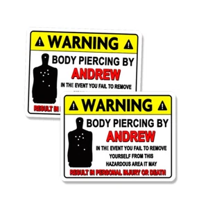ANDREW BODY PIERCING Funny Warning Stickers Set of 2 Yellow 5" wide - Picture 1 of 1